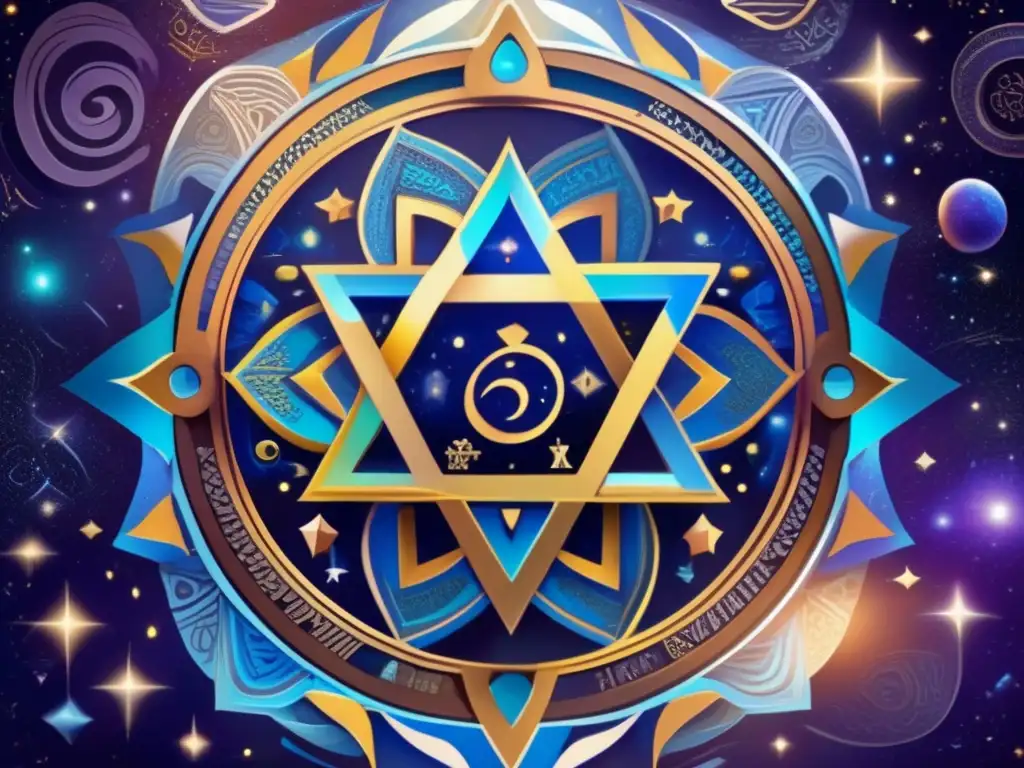Una obra de arte moderna con la interpretación mística del Judaísmo de Isaac Luria, con patrones geométricos y texto hebreo, en un escenario cósmico