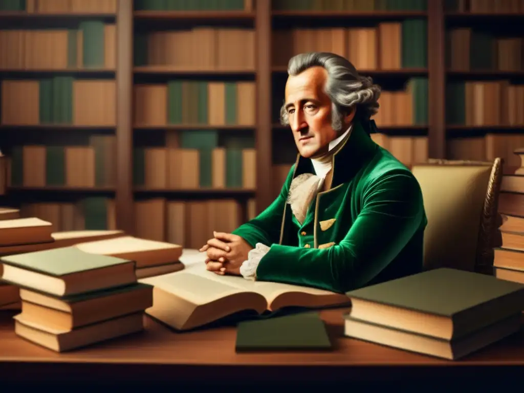 En la obra de arte, Goethe está sentado en su escritorio rodeado de libros, con una expresión contemplativa
