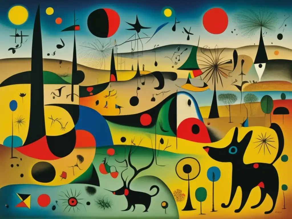 Una obra de arte surrealista de Joan Miró, 'Paisaje Catalán (El Cazador)', con colores vibrantes y formas abstractas, evocando un laberinto artístico