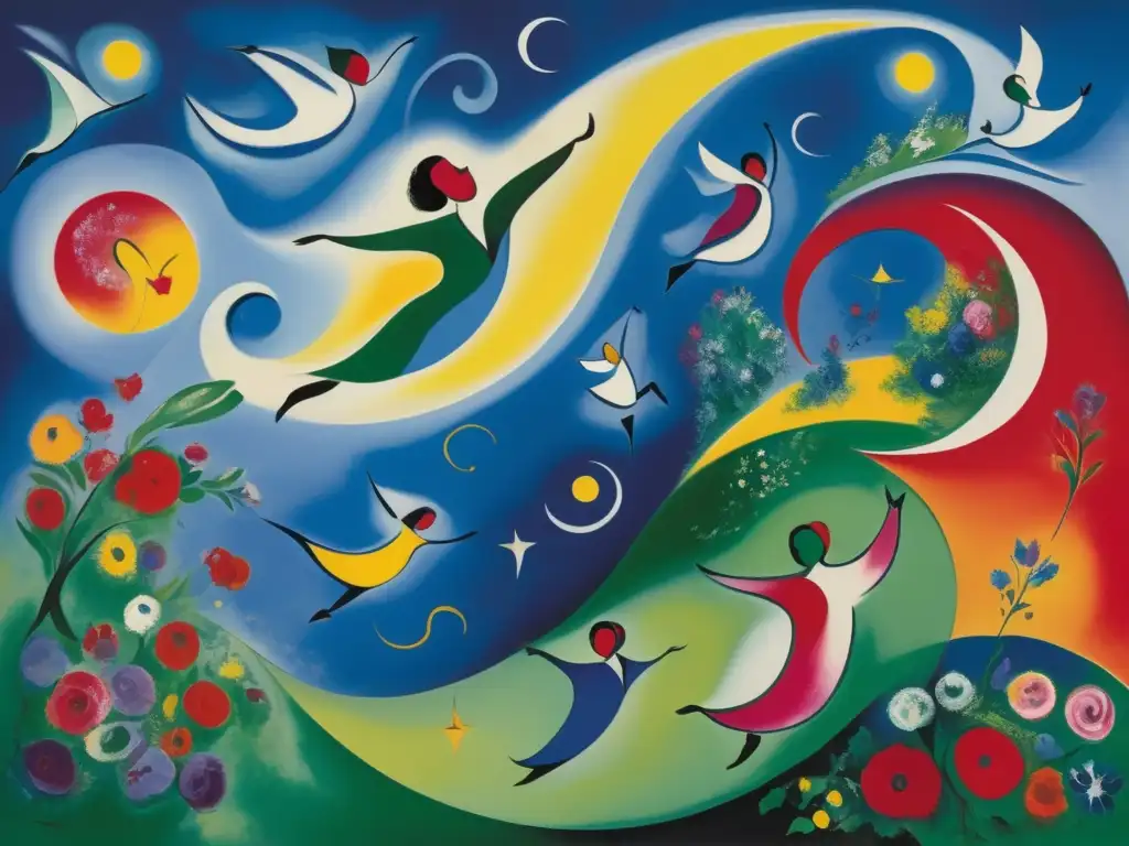 Una obra de arte vibrante y moderna de Marc Chagall, con colores audaces y figuras flotantes que danzan en una celebración de la vida y la emoción