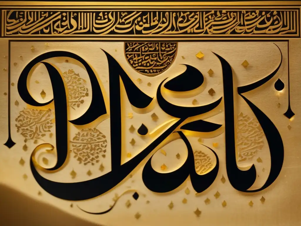Una obra de caligrafía islámica antigua de Ibn Muqla, con detalles intrincados y uso de pan de oro