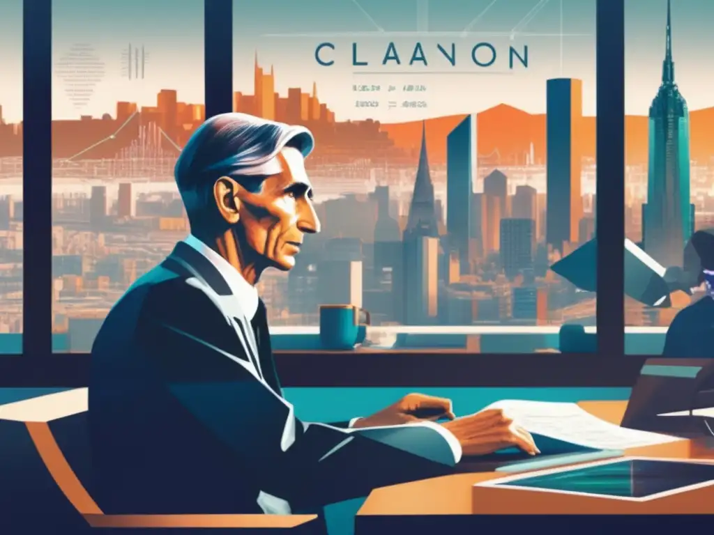 En la obra digital, Claude Shannon reflexiona en su escritorio, rodeado de dispositivos y ecuaciones, con una ciudad futurista de fondo