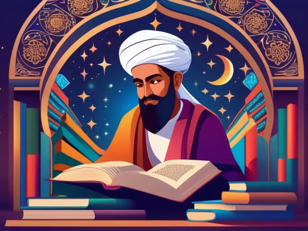 La obra digital muestra al filósofo y escritor Ibn Tufail inmerso en pensamientos, rodeado de libros y elementos celestiales, reflejando su profundidad intelectual y creatividad
