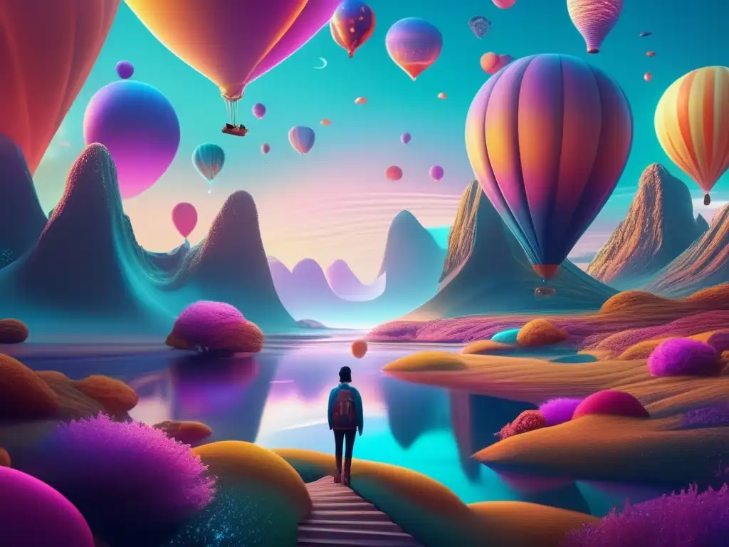 Una obra digital hipnótica que fusiona paisajes oníricos, objetos flotantes y colores vibrantes