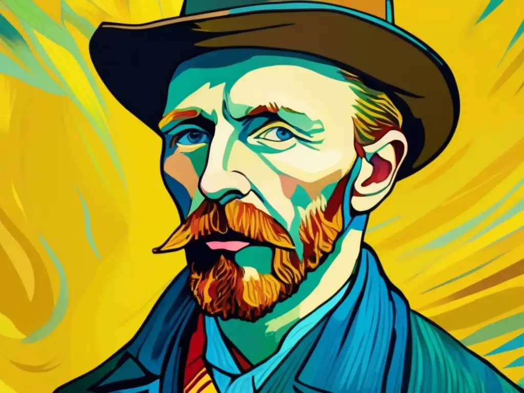 Una obra digital moderna en alta resolución que muestra un primer plano del icónico autorretrato de Vincent van Gogh