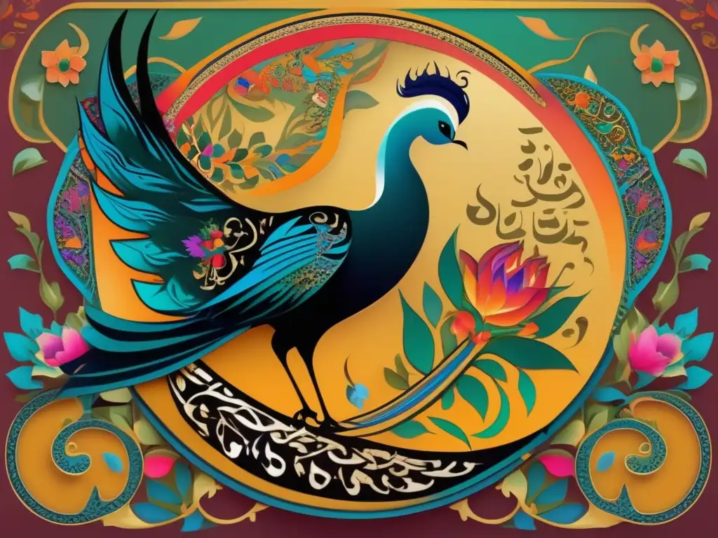 Una obra digital moderna y deslumbrante que fusiona versos inmortales de Saadi Shirazi con símbolos culturales persas