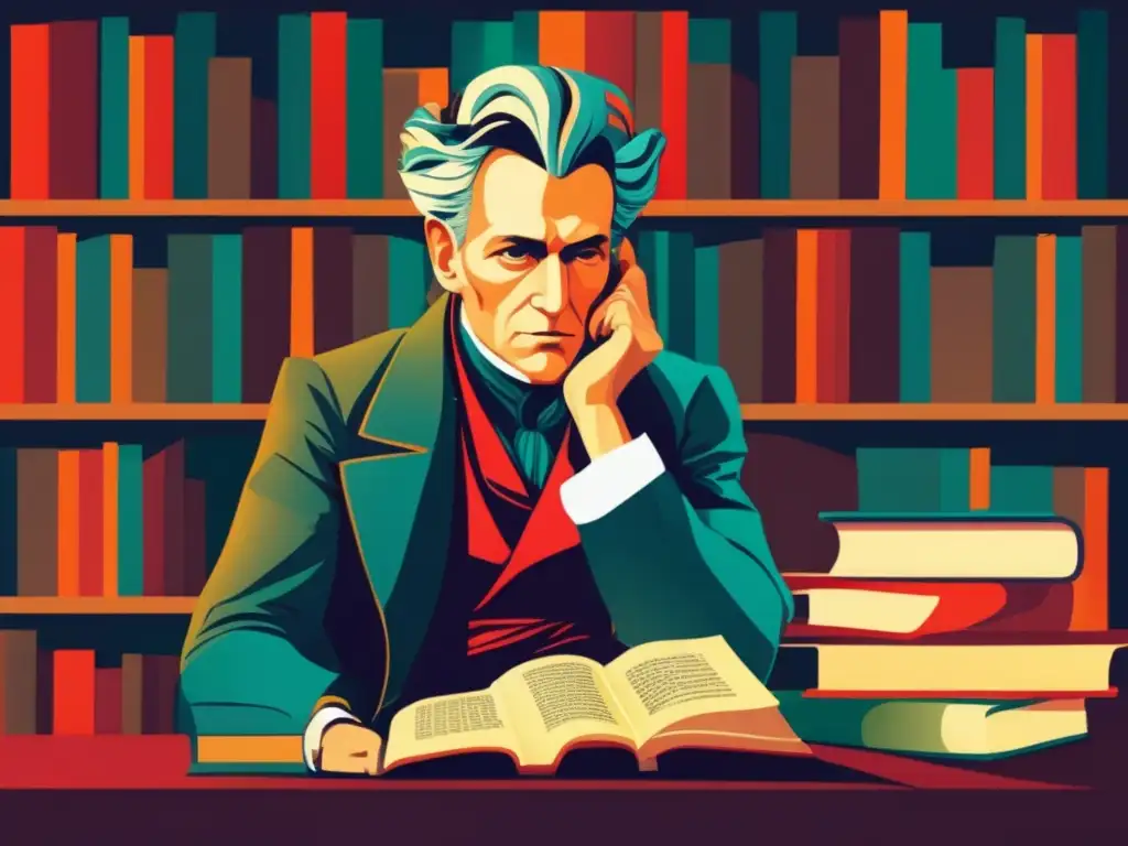 Una obra digital moderna de alta resolución muestra a Søren Kierkegaard inmerso en sus pensamientos, rodeado de libros y textos filosóficos, con una expresión contemplativa