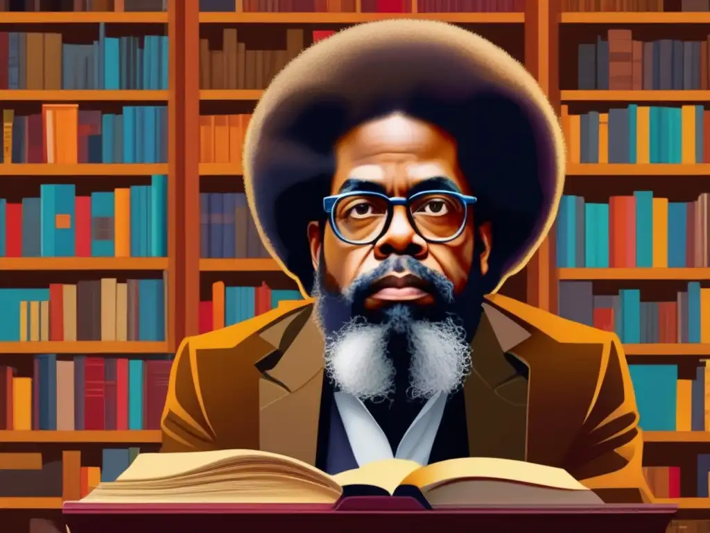 Una obra digital de alta resolución muestra a Cornel West inmerso en la filosofía de justicia, rodeado de libros y dialogando con diversos individuos