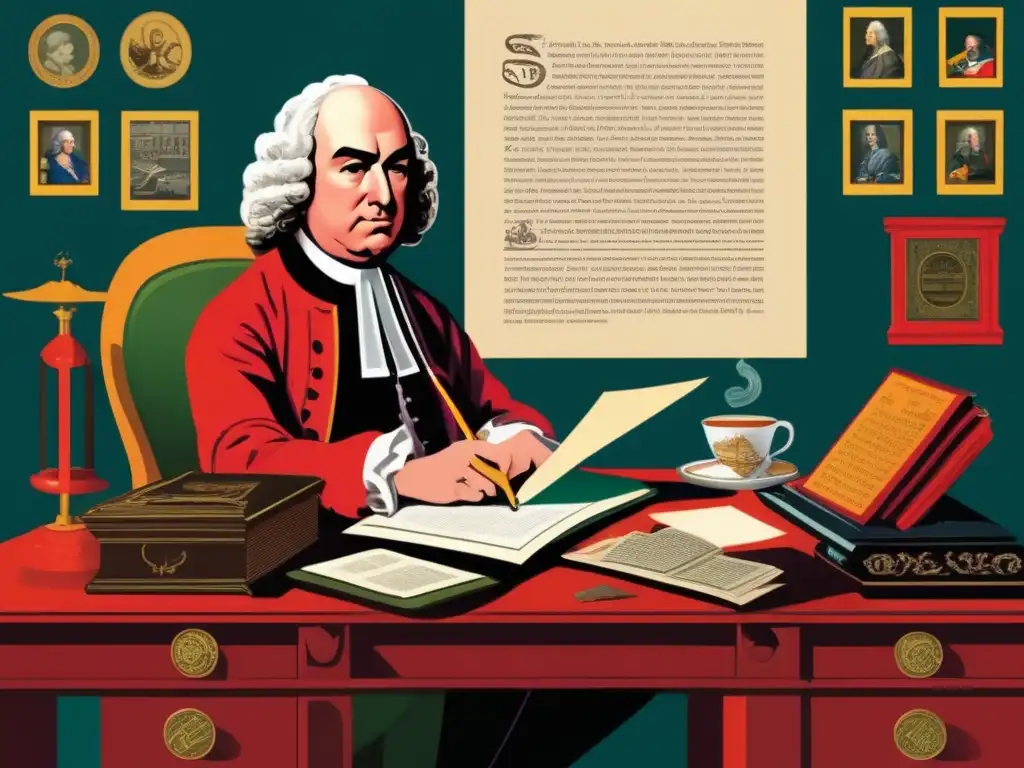 En la obra digital, Jonathan Swift está sentado en su escritorio rodeado de simbolismo que representa las problemáticas sociales de su tiempo