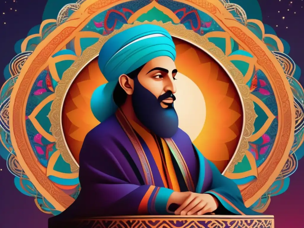 Profunda contemplación de Ibn Arabi: arte digital vibrante Una obra digital vibrante y moderna retrata a Ibn Arabi inmerso en profunda contemplación, rodeado de patrones y colores que evocan la belleza y complejidad de la filosofía sufí