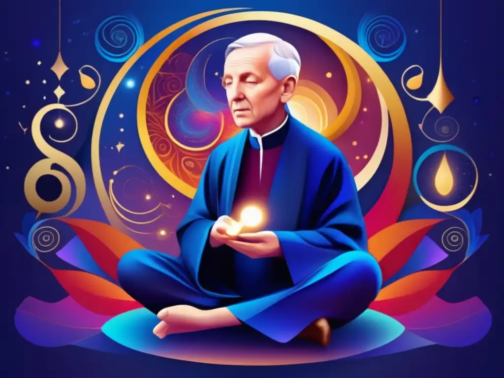 Una obra digital vibrante y moderna que retrata al visionario dominico Meister Eckhart en profunda contemplación, rodeado de formas y símbolos etéreos