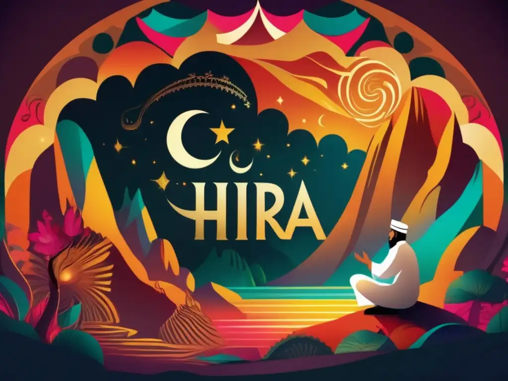 Una obra digital vibrante y moderna que representa a Profeta Mahoma recibiendo la revelación del Islam en la Cueva de Hira