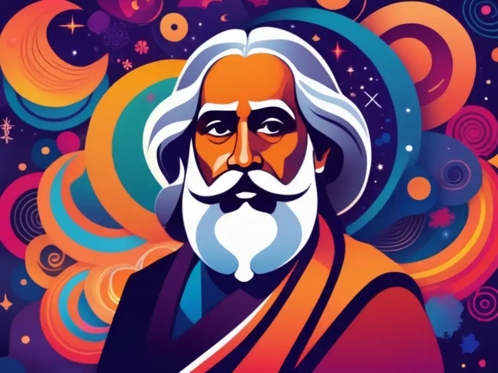Una obra digital vibrante muestra a Rabindranath Tagore en profunda contemplación, rodeado de colores y símbolos que representan la interconexión de la humanidad y el universo