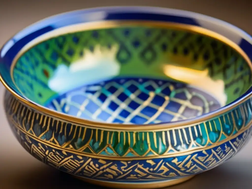 Una obra maestra de cerámica islámica creada por Abu'l Qasim, con intrincados diseños geométricos y caligráficos en tonos azules, verdes y dorados