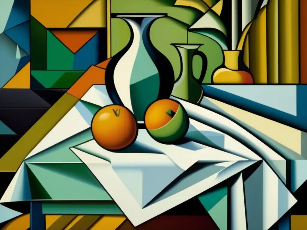 Una obra maestra del Cubismo sintético de Juan Gris, con formas geométricas intrincadas y colores vibrantes, enmarcada con elegancia moderna