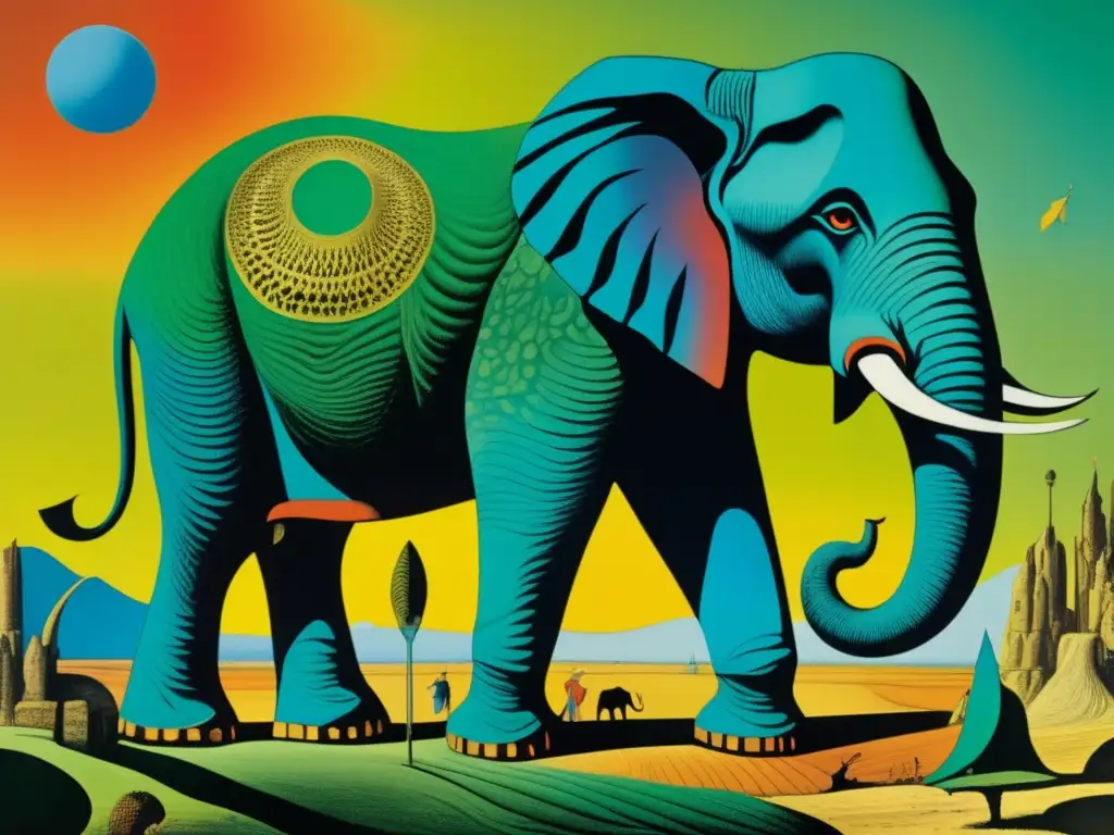 Una obra surrealista detallada de Max Ernst, 'The Elephant Celebes', con figuras distorsionadas y paisajes oníricos