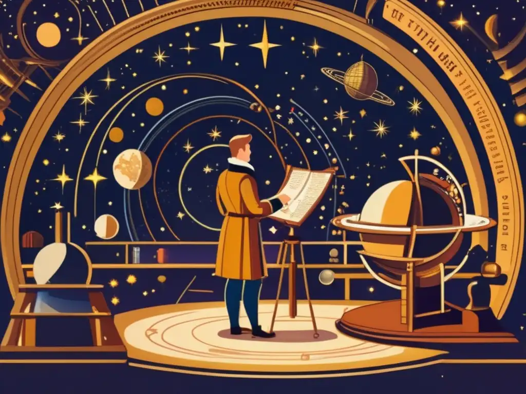 En el observatorio, Tycho Brahe mide las estrellas con precisión, rodeado de instrumentos astronómicos