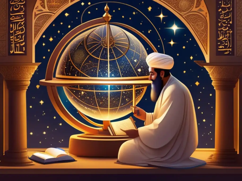 Descubriendo el universo: AlBiruni en observatorio islámico En una observatorio islámico, AlBiruni estudia un globo celestial rodeado de instrumentos y manuscritos antiguos