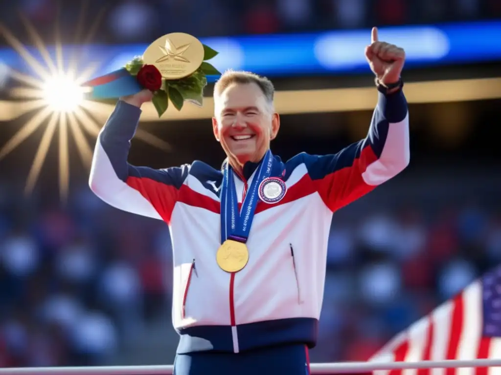 Fotografía de Al Oerter con medalla de oro y fans, representando su historia y compromiso deportivo