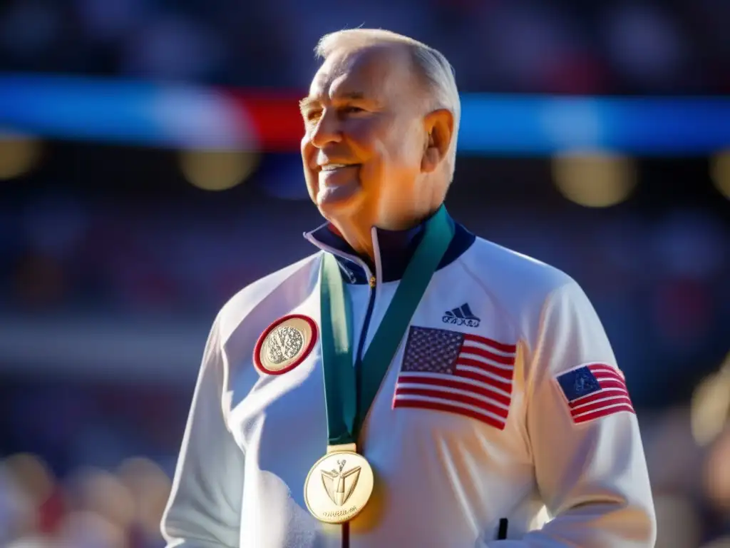 Al Oerter en el podio olímpico con su medalla de oro y la bandera estadounidense, historia de su compromiso deportivo