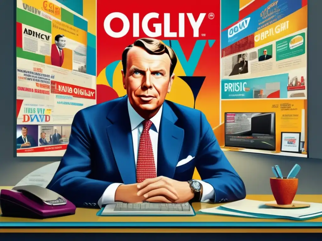 En una oficina contemporánea, David Ogilvy planifica una campaña publicitaria innovadora rodeado de tecnología y carteles vintage