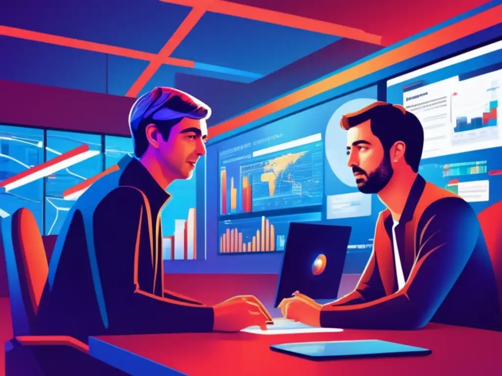 En una oficina futurista, Larry Page y Sergey Brin colaboran rodeados de tecnología avanzada y pantallas con algoritmos