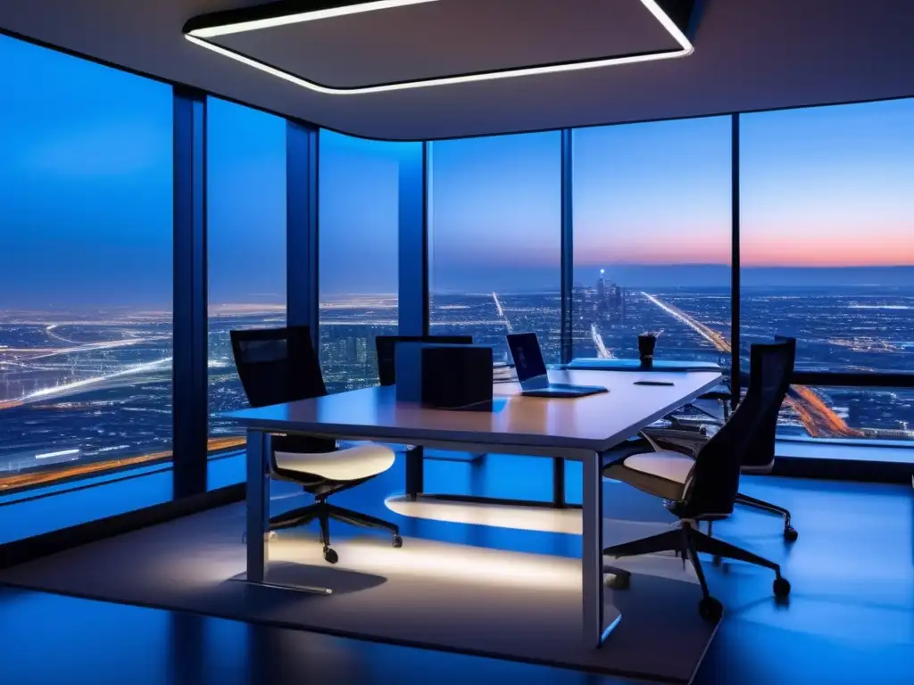 Una oficina futurista con vistas a la ciudad de noche