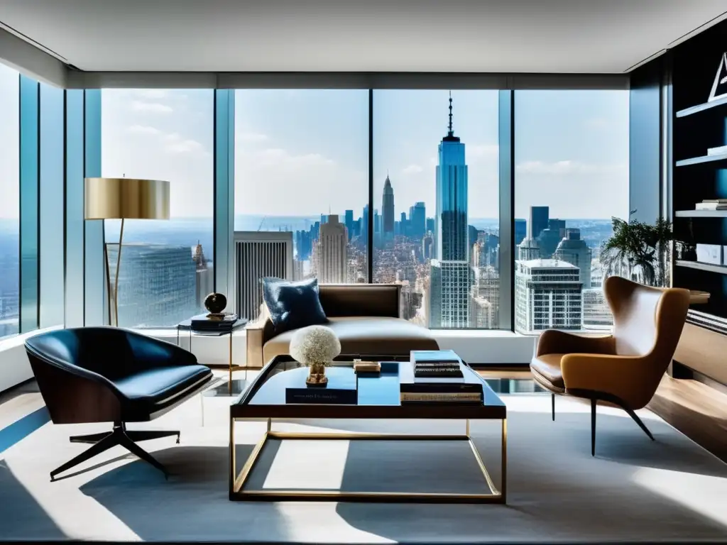 La oficina lujosa exhibe un estilo americano elegante con muebles modernos y arte abstracto, representando el Imperio de estilo americano Ralph Lauren