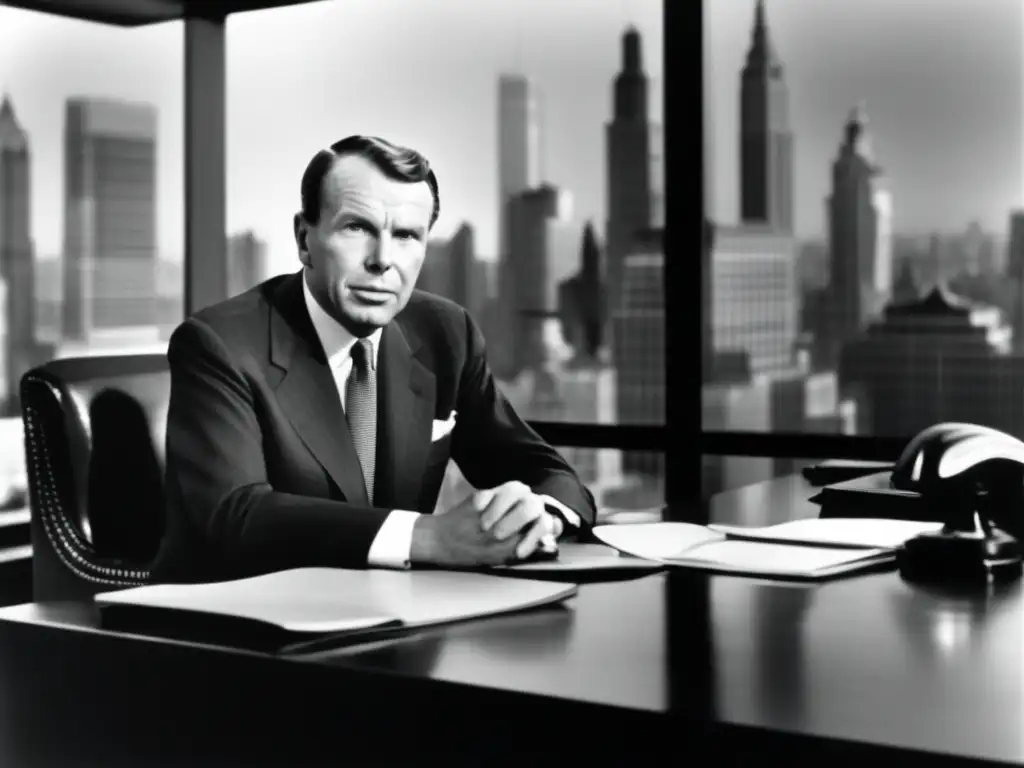 David Ogilvy en una oficina moderna, mirando un anuncio vintage