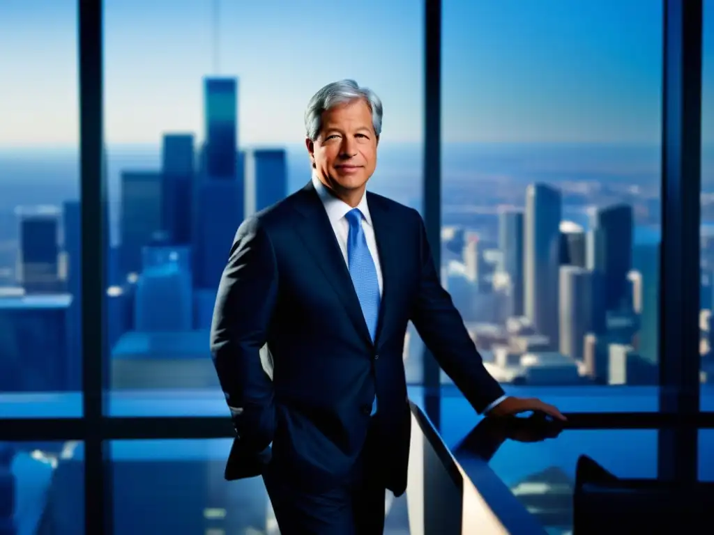 Desde su oficina moderna, Jamie Dimon contempla la ciudad, reflejando la dualidad de su papel en la crisis económica