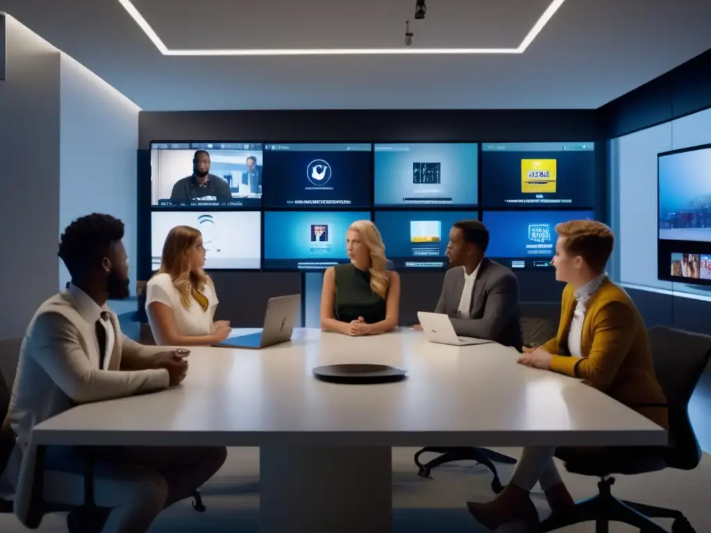En una oficina moderna, descubridores de estrellas televisión reality revisan audiciones en pantalla de alta resolución