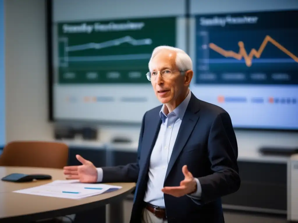 En una oficina moderna, Stanley Fischer lidera una discusión con economistas