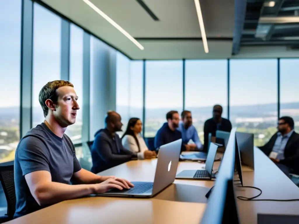En una oficina moderna en Silicon Valley, Mark Zuckerberg lidera a su equipo de desarrolladores, inmersos en el código y diseño innovador