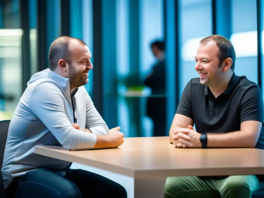 En una oficina moderna, Jan Koum y Brian Acton, fundadores de WhatsApp, discuten con determinación, rodeados de tecnología de vanguardia