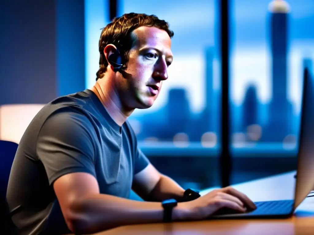 Mark Zuckerberg en su oficina moderna, inmerso en su trabajo