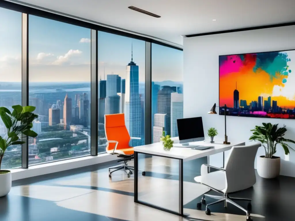 Una oficina moderna con mobiliario blanco y ventanales ofrece una vista impresionante de la ciudad