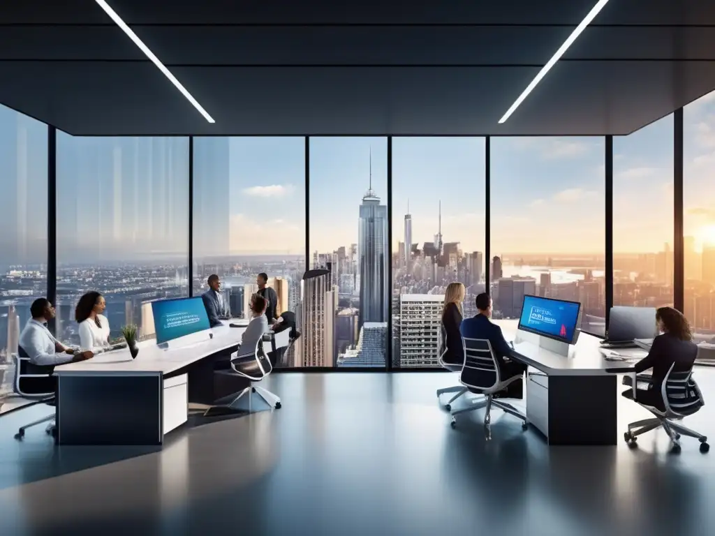 Una oficina moderna con ventanales de piso a techo ofrece vistas a la ciudad