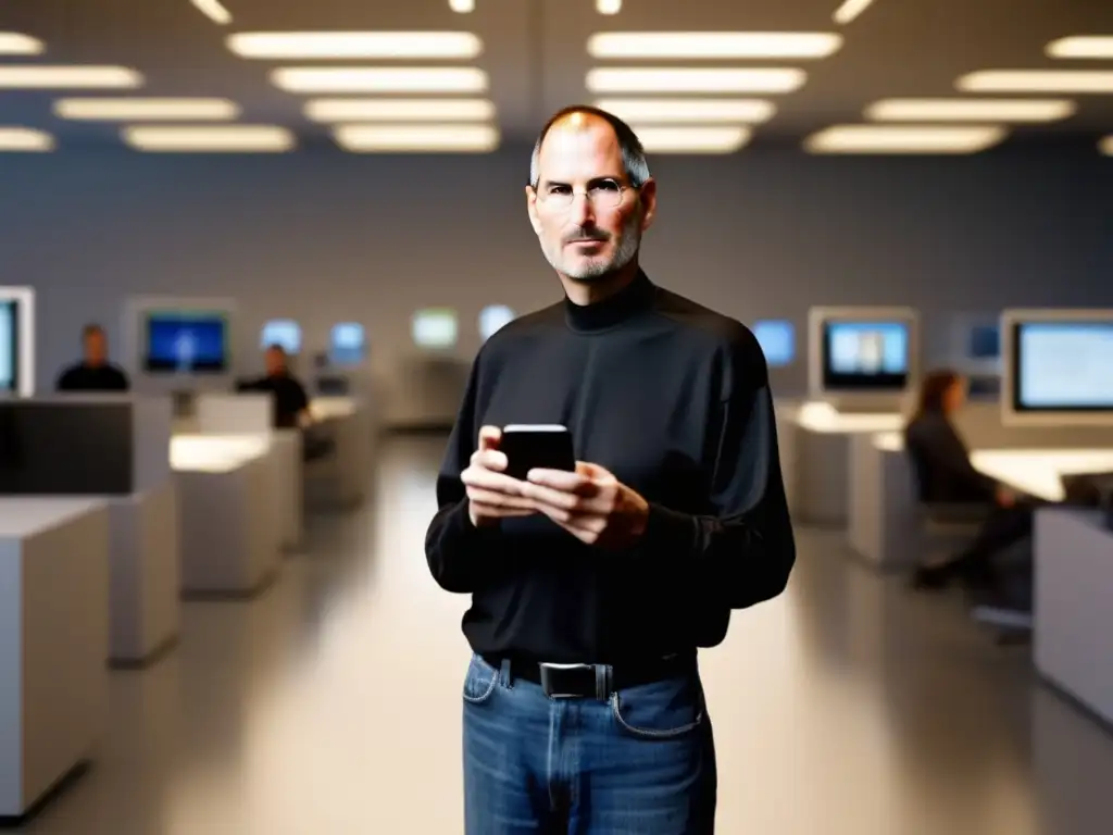 Steve Jobs en su oficina, sosteniendo el primer iPhone, con determinación