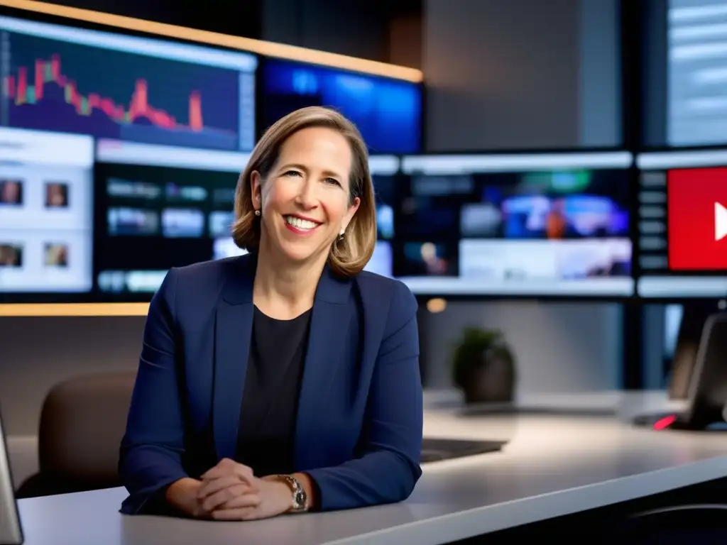 Susan Wojcicki lidera YouTube desde su oficina, rodeada de tecnología moderna y monitores con datos