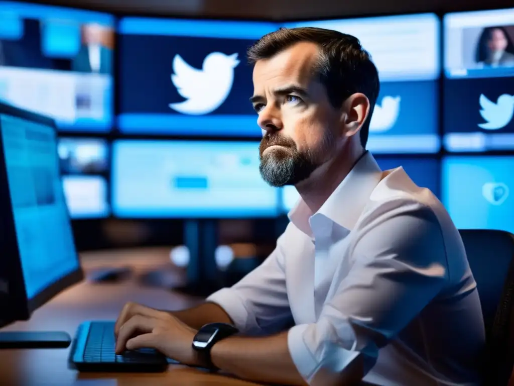 Jack Dorsey reflexiona en su oficina, rodeado de monitores con análisis de Twitter, destacando su influencia en el mundo digital