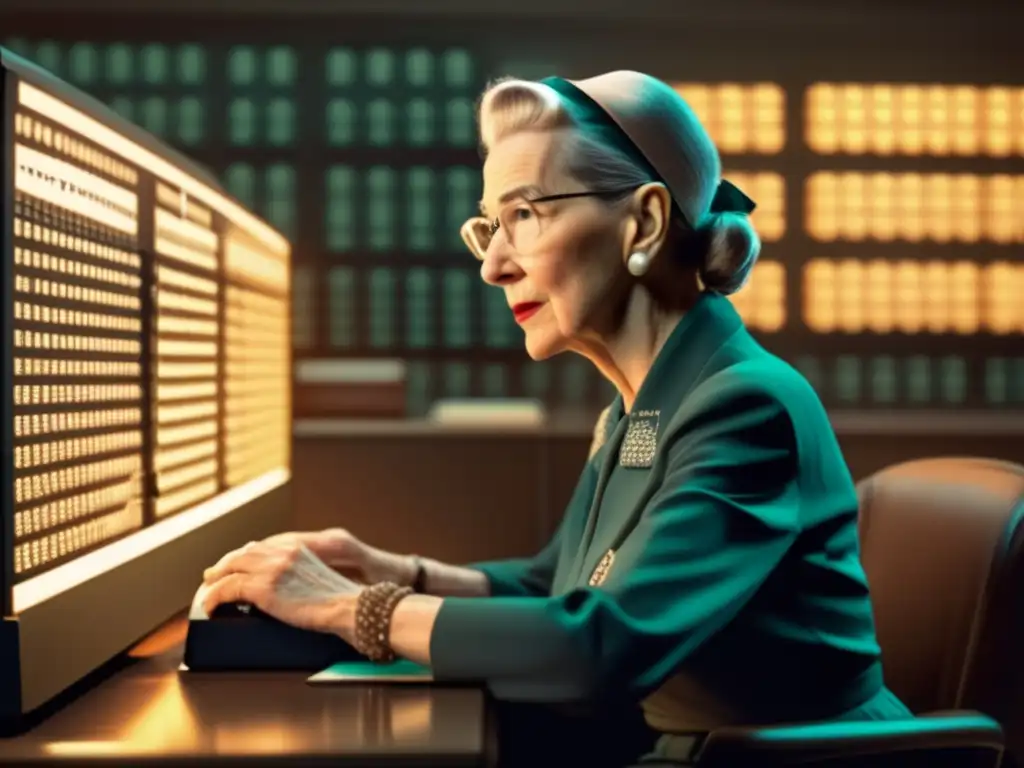 En una oficina de la Segunda Guerra Mundial, Grace Hopper programa en un ordenador vintage rodeada de tarjetas perforadas