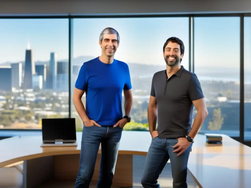 Larry Page y Sergey Brin colaboran en su oficina, con la vista de Silicon Valley detrás