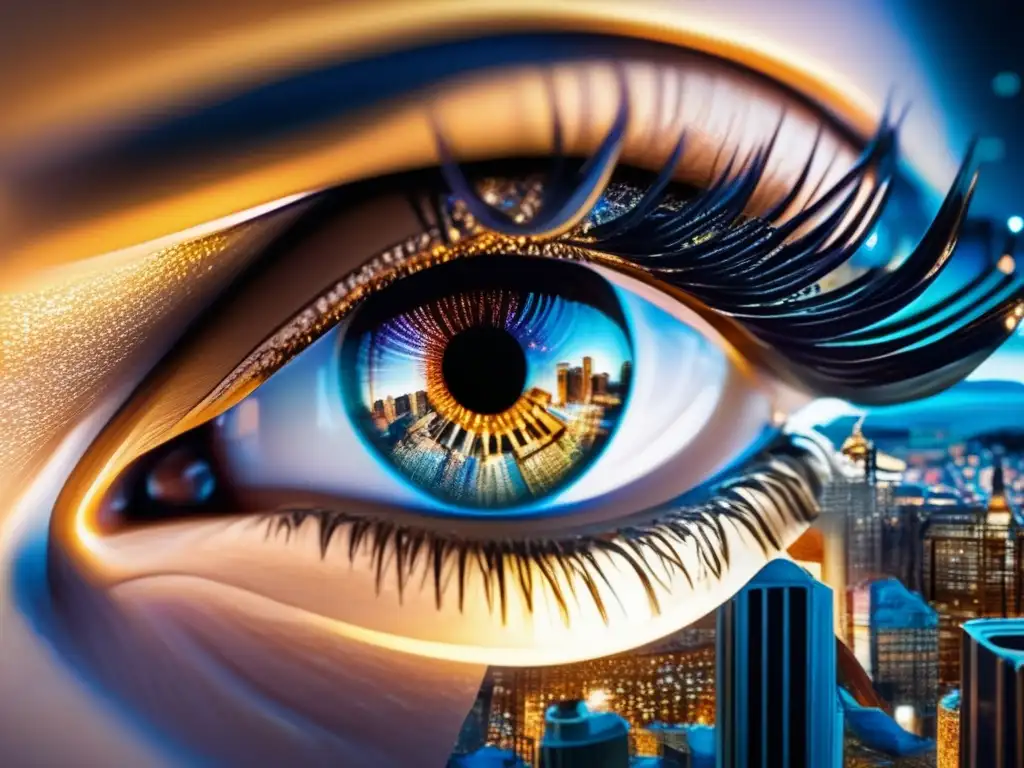 El ojo de una persona reflejando una ciudad bulliciosa, una representación visual de Alasdair MacIntyre y las virtudes ética moderna