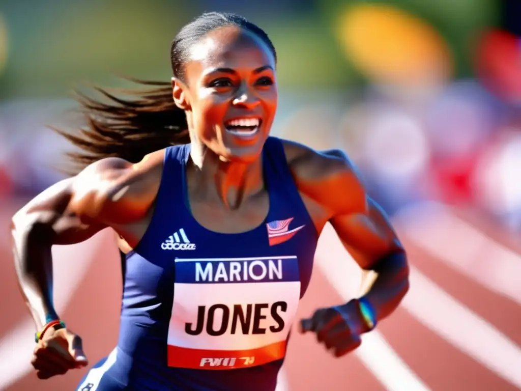 Marion Jones atleta olímpica compite en carrera de pista, músculos tensos y brillantes, determinación en su mirada, rodeada de energía y movimiento