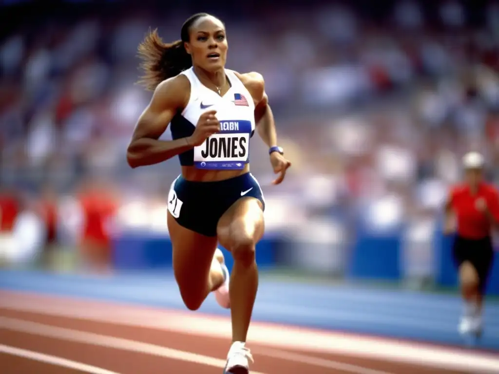 Marion Jones atleta olímpica compitiendo en una pista, rodeada de un estadio moderno y espectadores animados