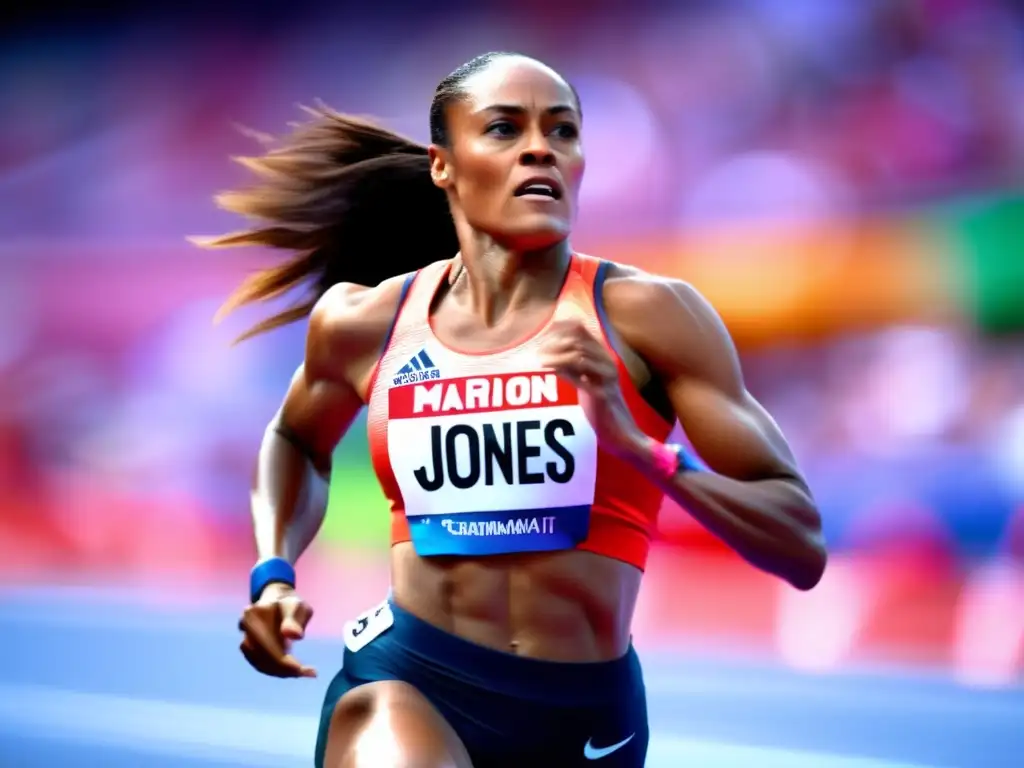 Marion Jones atleta olímpica en plena carrera, con músculos tensos y determinación en la mirada
