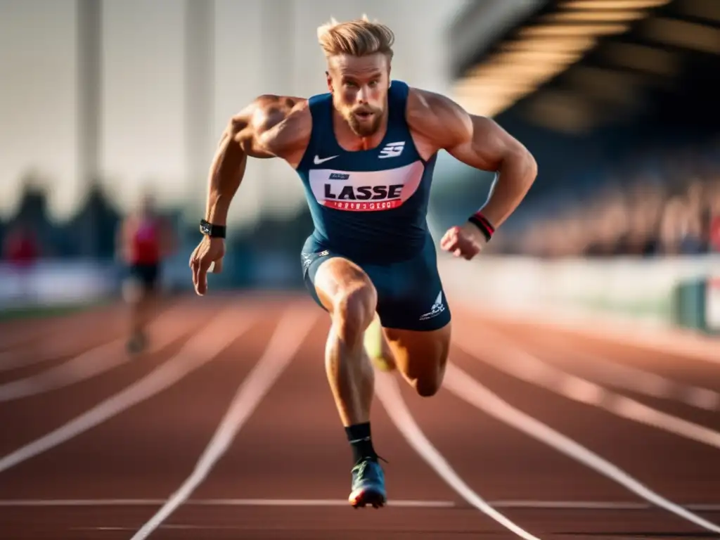 Biografía de Lasse Virén atleta olímpico corriendo con determinación y poder, en una imagen dinámica y vibrante