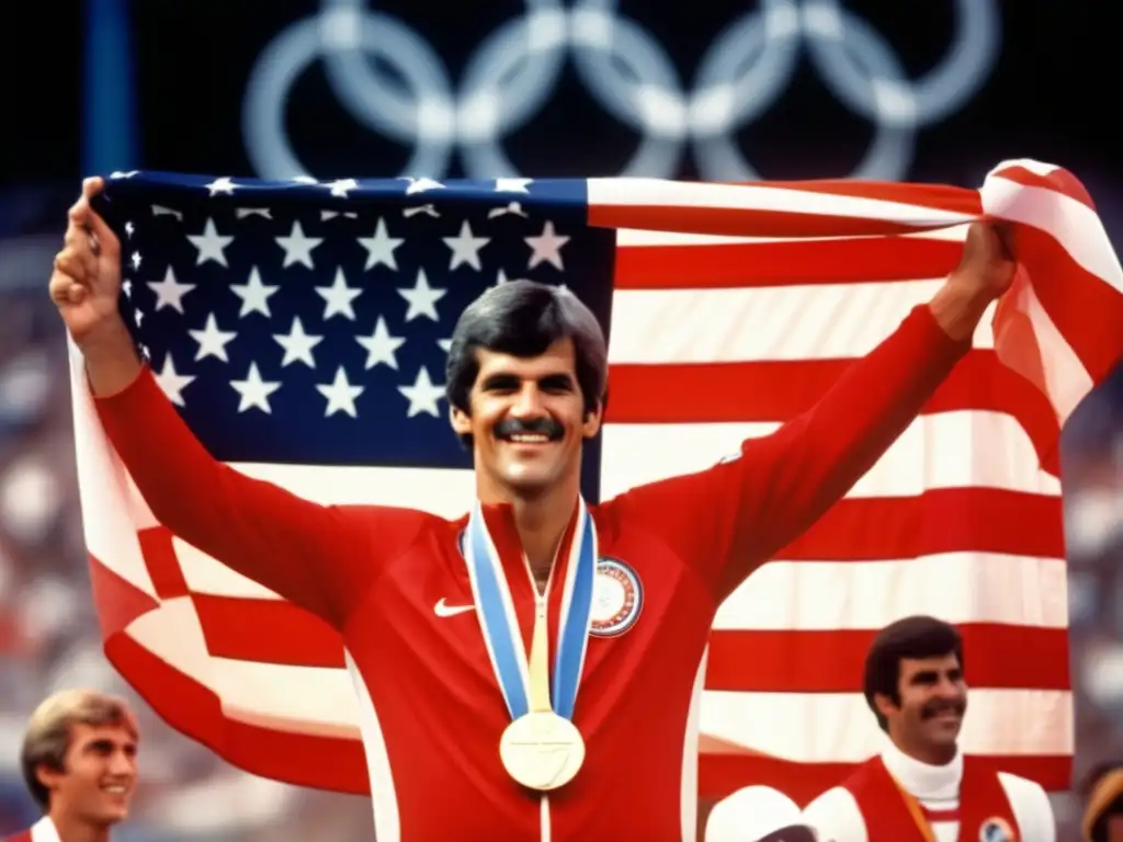 Mark Spitz récord oros olímpicos, podio con medallas y bandera estadounidense, estadio olímpico, triunfo y emoción