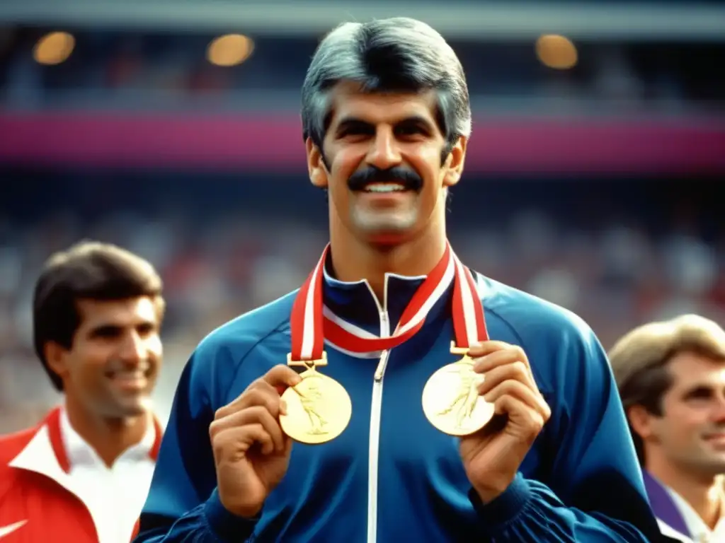 Mark Spitz récord oros olímpicos, triunfante en el podio con sus medallas de oro