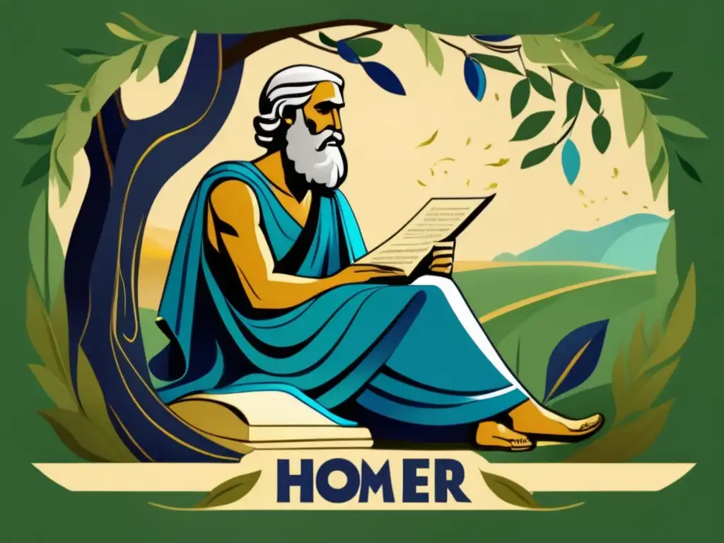 Bajo un olivo, el poeta Homero escribe la Biografía de Homero Ilíada creación, rodeado de pergamino y plumas